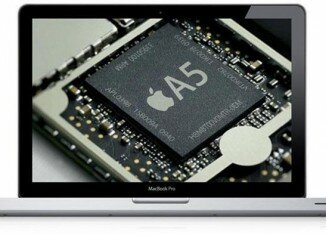 MacBook Pro met A5-serie processor op achtergrond